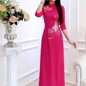 Ao Dai with sharp 3D printed on high quality silk fabric, slight stretch
